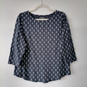 Chico's Womens Blue 3/4 Sleeve Round Neck Floral Pullover Blouse Top Size L